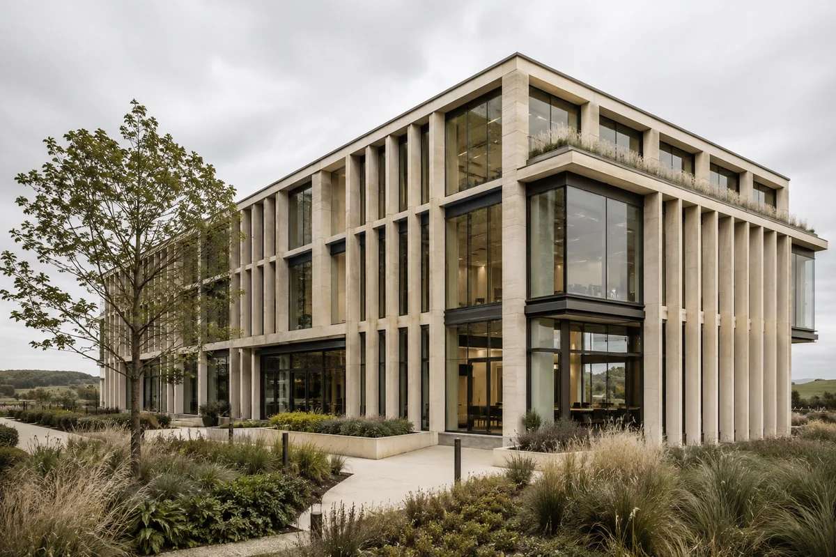 Illustrative contemporary commercial building with stone façades and landscaped grounds